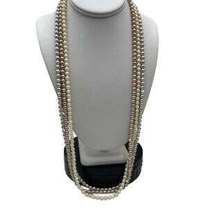 Napier Signed Vintage Triple Strand Faux Pearl 30” Cream Gray Champagne Necklace